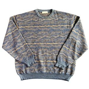Tricots St Raphael Mens Large Vintage Blue Brown Geometric Wave Knit Sweater L